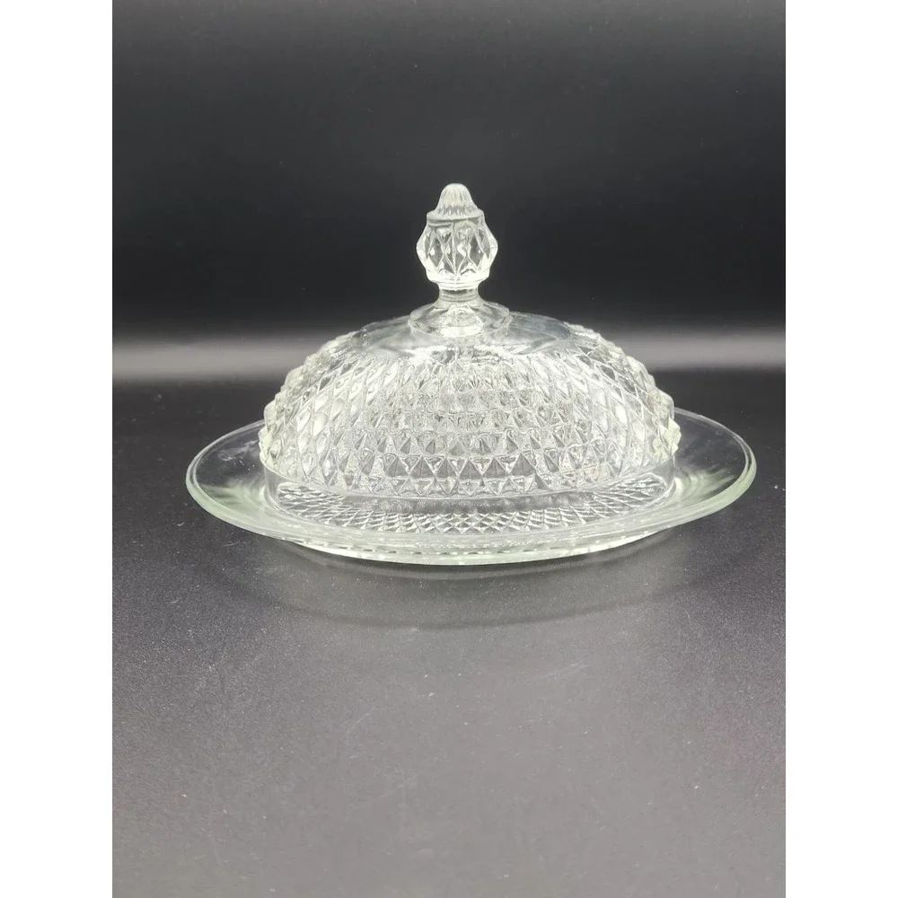Vintage Indiana Glass Diamond Point Oval Covered Butter Dish Clear Domed Lid